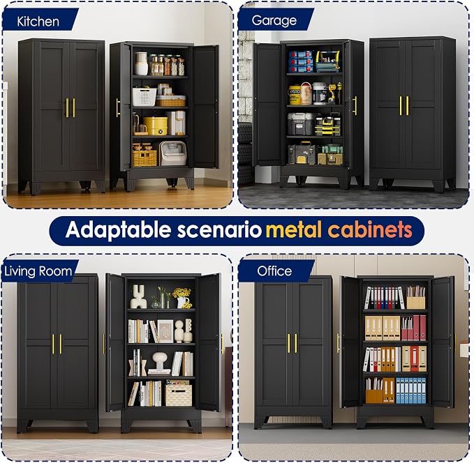 erosoei 47" H Metal Garage Storage Cabinet, Black Metal Pantry Cabinet with 2 Doors, Locker Steel Cabinet with 3 Adjustable Shelves, Freestanding Cupboard for Garage,Office,Home,Gym,School