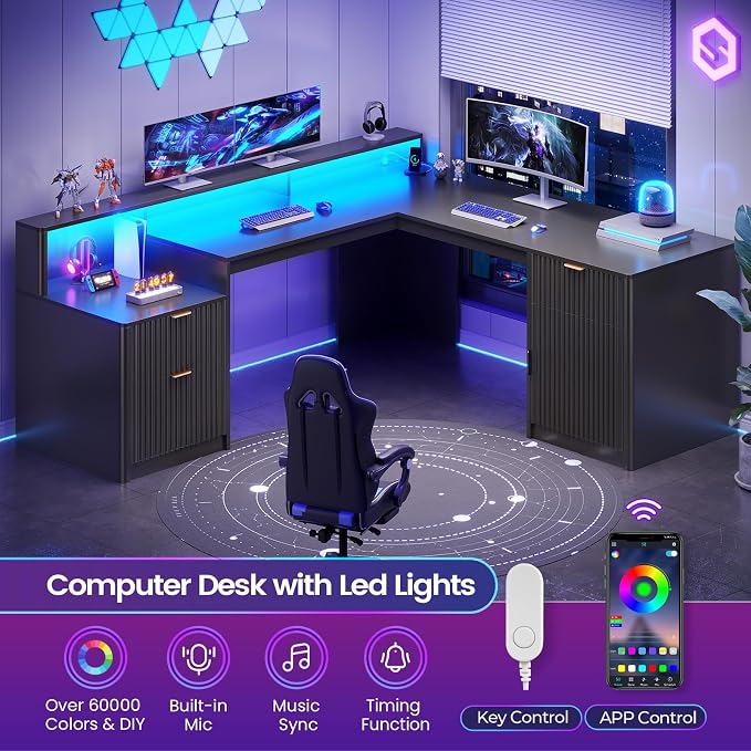 SEDETA 66" Modern L Shaped Desk with Drawers, Fluted Home Office Desk with File Cabinet & Printer Shelf, Wood Executive Desk with Monitor Stand, Power Outlets, Led Lights, Black