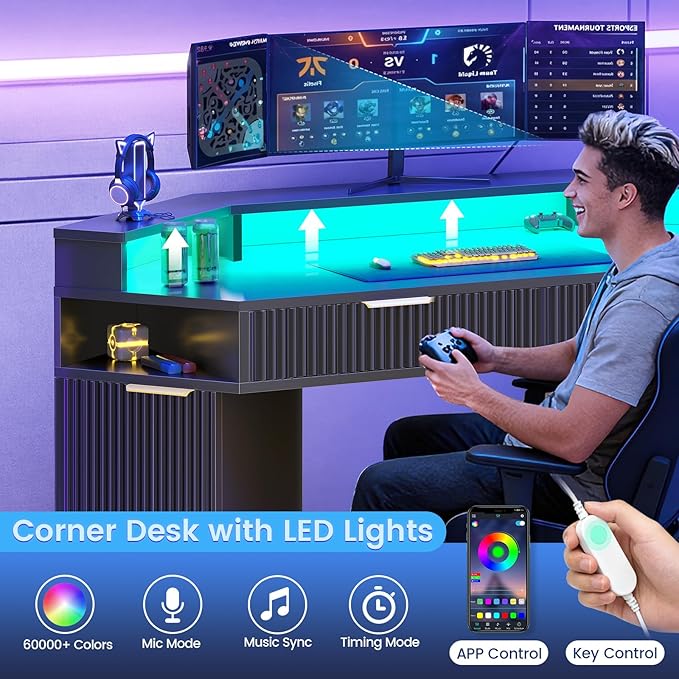 SEDETA Computer Desk with 2 Drawers, Small Diamond Office Desk with Storage Cabinet for Small Space, Gaming Desk with LED Lights & Power Strip for Home Office, Black