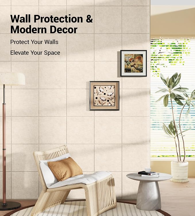 28" x 18" Felt Bulletin Board Tiles 1/2" Thick, Beige | 6 Pack Felt Tiles, Large Cork Board Alternative, 30 Adhesive Tabs, Pin Board for Home Office Decor with Easy Install