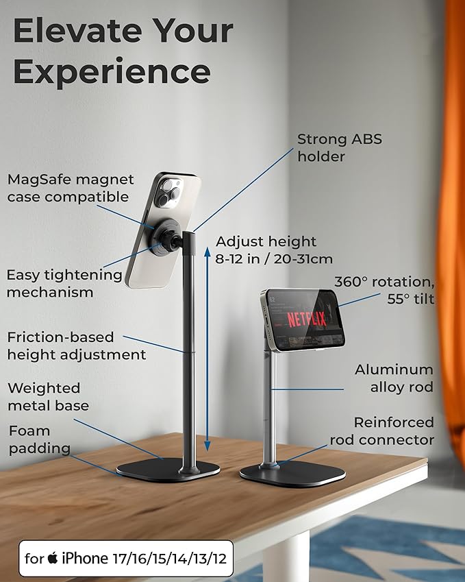 COOPER MagStand Magnetic Phone Stand for Desk, MagSafe Tripod, iPhone 17 | 9-13" Adjustable, Weighted Base, Strong Magnet Hold, iPhone Holder for Video Calls, 2 Steel Rings, Fits any iPhone or Android