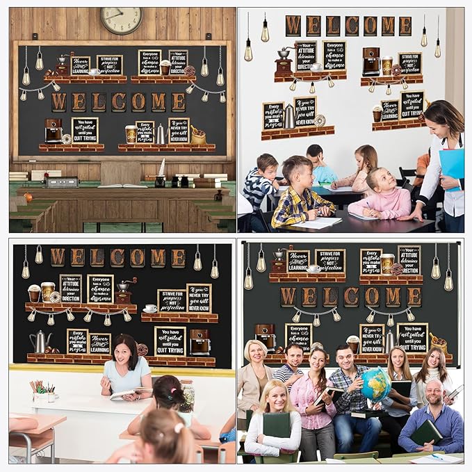 Qilery Coffee Motivational Bulletin Board Inspirational Welcome Decor | Industrial Welcome Bulletin Board Positive Bulletin Board Cutout Classroom Decoration for Back to School Educational Material