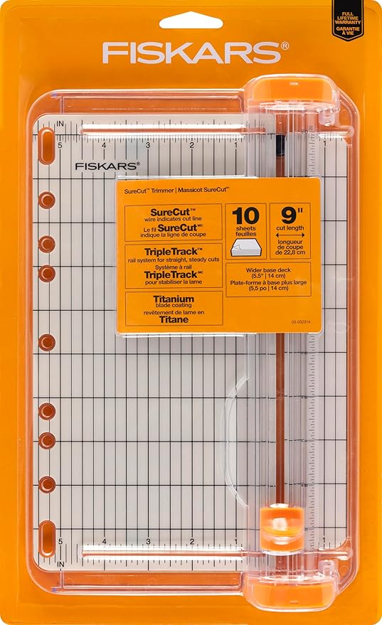 Fiskars SureCut Portable Paper Trimmer, 9" Cut Length for Cardstock and Photos, Fits in 3-Ring Binder for Travel, 10 Sheet Cutting Capacity, 9" Rail, Orange