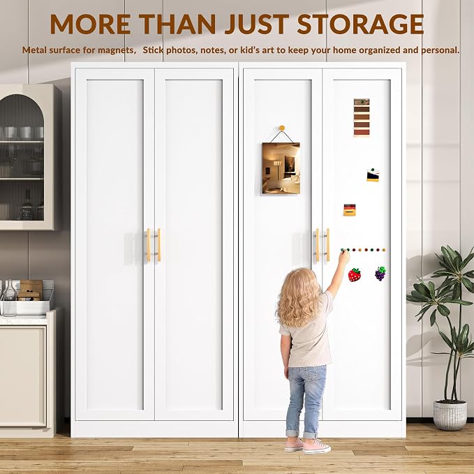 BESFUR 71" Tall White Kitchen Pantry Cabinet, Metal Food Storage Cabinet with 4 Adjustable Shelves, Freestanding Cupboard with Doors for Kitchen, Dining Room, Living Room, Bathroom, Laundry Room