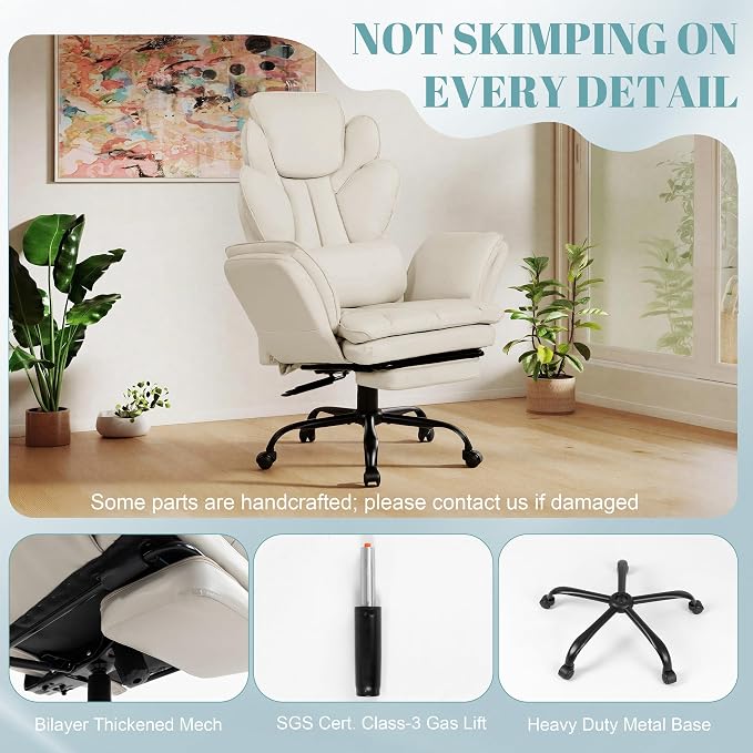 Flip Armrests Criss Cross Office Chair, Reclining Office Chair with Foot Rest, Adjustable Headrest, Massage Waist Pillow, Cross Legged Big and Tall Desk Chair Wide Seat Vanity Chair, Beige PU Leather
