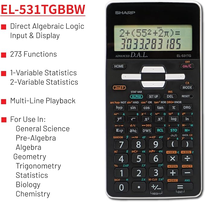 Sharp EL-531TGBBW 12-Digit Scientific/Engineering Calculator with Protective Hard Cover, LCD Display, Great for Students and Professionals, Black