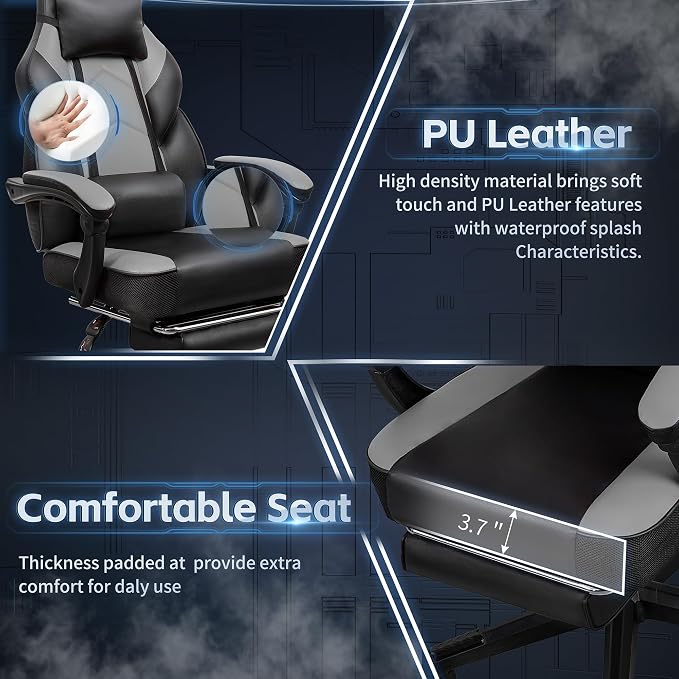 Gaming Chairs for Adults, Computer Chair with Footrest and High Back, Big and Tall Gamer Chair's with Massage Lumbar Support, 360° Swivel Height Adjustable Gaming Chair, Grey