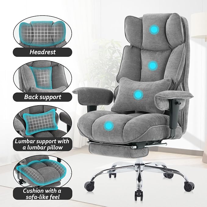 Efomao Big and Tall Fabric Executive Office Chair,Grey | 400lbs support, 135° recline, dual-layer foam cushion, 23.5" seat & footrest