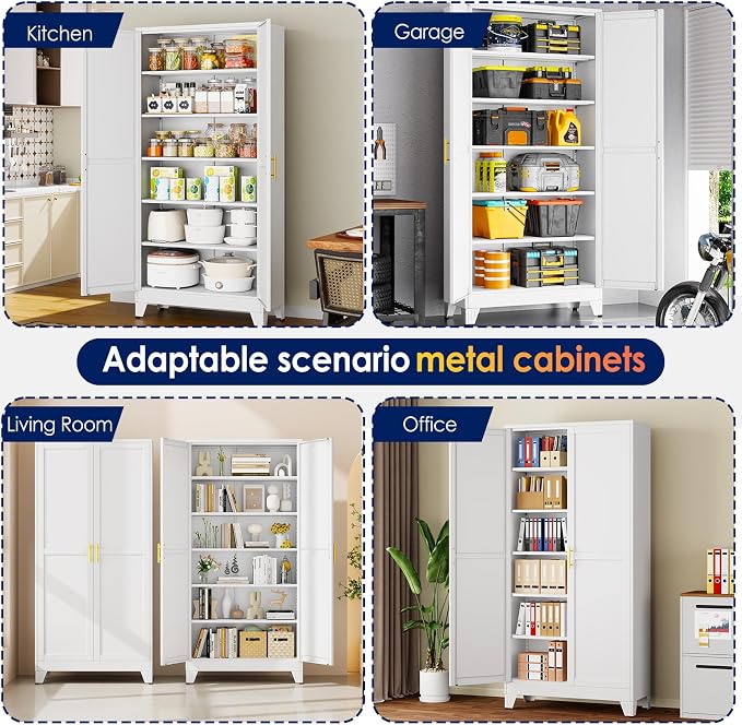 erosoei 75" H Large Metal Garage Storage Cabinet, Metal Pantry Cabinet with 2 Doors, Locker Steel Cabinet with 5 Adjustable Shelves, Freestanding Cupboard for Garage,Office,Home,Gym,School