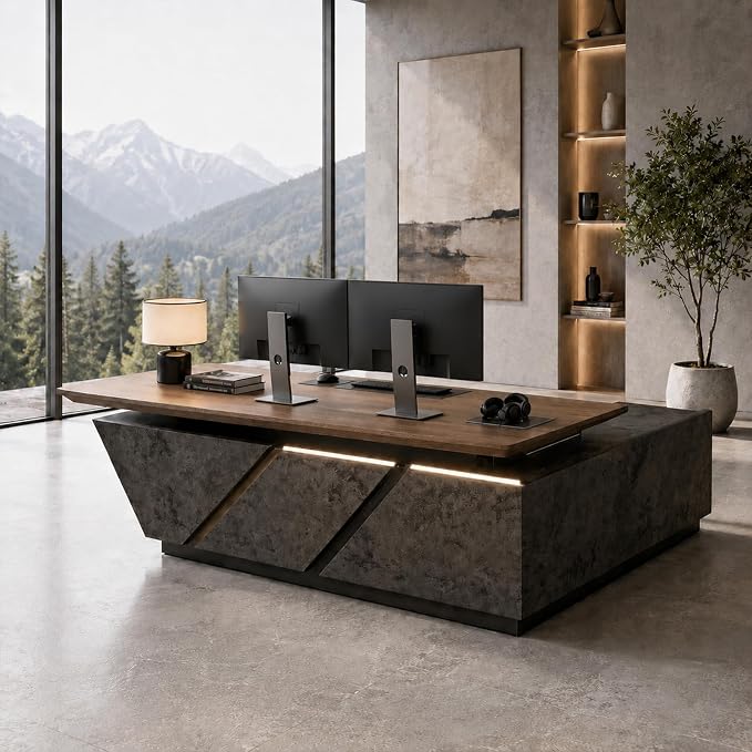 SAINTCY 86.6in Adjustable Executive Desk - Luxury L Shaped Desk with Drawers, Large Table with File Cabinets, Executive Office Desks with LED Light Strip Home Office Desk for Professionals
