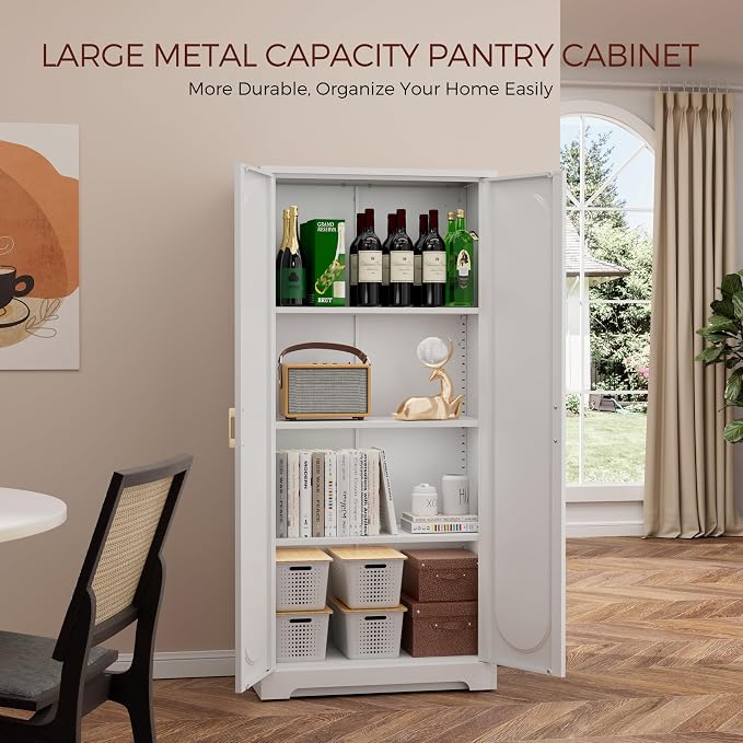 60" Tall Metal Storage Cabinet with Doors, White Pantry Cabinet | Metal Kitchen Pantry Cabinet, kitchen Cupboard, Metal Cabinet for Garage, Dining Room, Home Office, Living Room & School