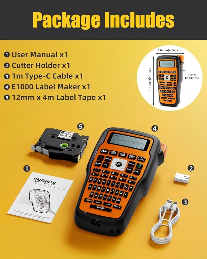 Label Maker Machine with-Tape, Heat Shrink Label Maker Waterproof-Labels | 12mm Wire Cable Label Maker, VolenGo E1000 Labeler Machine with-Tape Laminated, Handheld Labeling Maker for Industrial Office