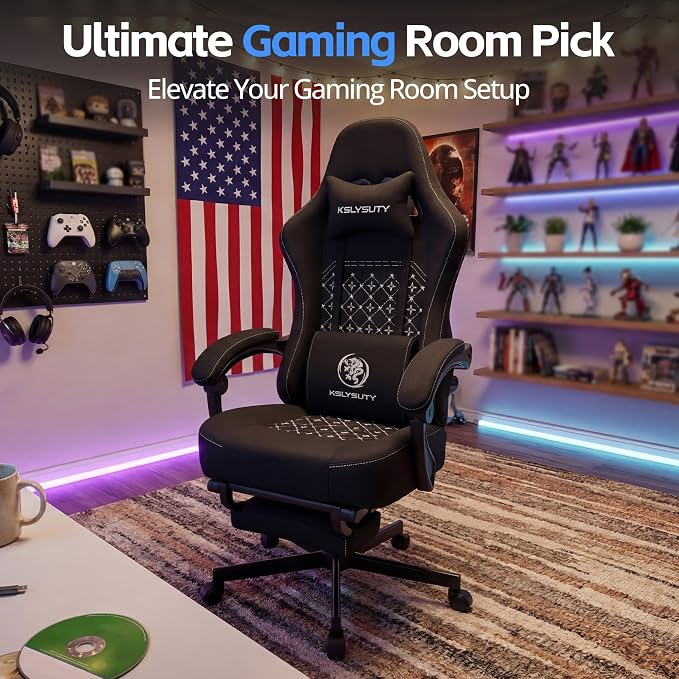 Desk Computer Gaming Chair - Ergonomic Game Office Chair with Extended Footrest and Massage Lumbar Support, Home Gamer Video Game Chairs with Spring Cushion for Adults (Pro Black Fabric)