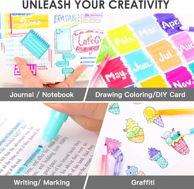 HANKU Erasable Highlighters, Dual Tip 10 Assorted Colors for Journaling | Cute Erasable Marker Pens, Smooth Writing, No Bleed, for Journaling, Planners, Bible Study, Back to School Supplies