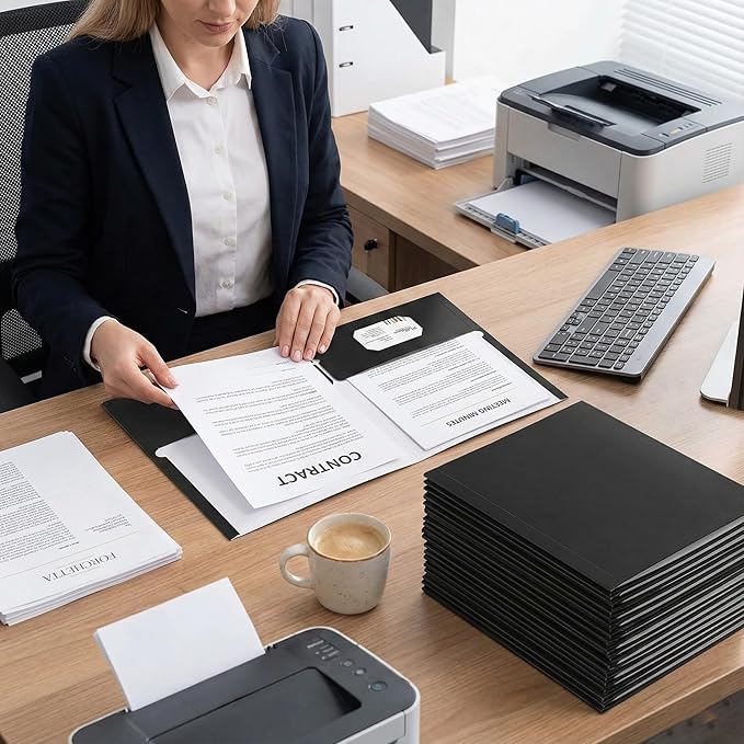 Zzrywuty File Folders with Pockets Letter Size,50-Pack Paper Folders with Card Slot,Black Two Pocket Folders for School Students,Businessmen,Home and Office Workers