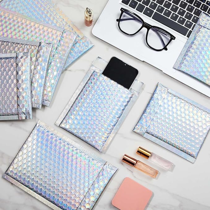100 Pcs Holographic Bubble Mailer 4 Sizes Adhesive Padded Envelopes | Waterproof Cushioning Seal, Bubble Mailers Shipping Bags, for Mailing Packaging Packing Makeup Jewelry Small Business