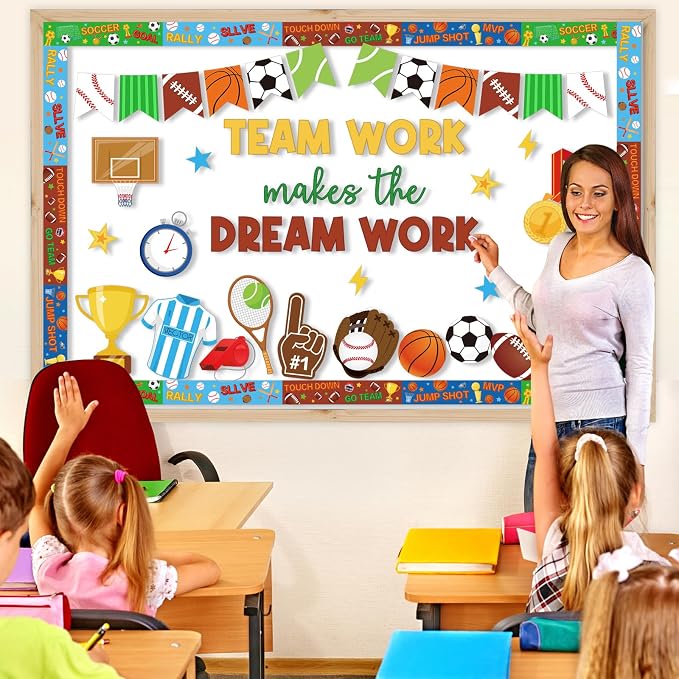 53Pcs Sports Motivational Bulletin Board Decorations Set, Inspirational Football Teamwork Cutouts Back to School PE Bulletin Board for Teacher Supplies Office Classroom Door Wall Decor