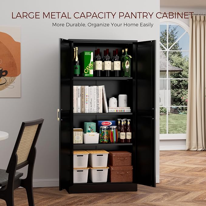 60" Tall Kitchen Pantry Cabinet, Metal Storage Cabinet with Doors | Kitchen Cabinet with 4 Adjustable Shelves, Tall Food Pantry Cabinet, Black Cupboard for Kitchen, Dining Room, Garage & Office