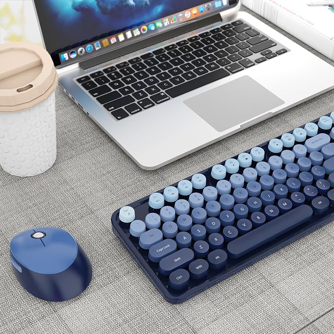 Nowlike Wireless Keyboard and Mouse Combo, Retro Typewriter Keyboard with Round Keycaps, Full-Size Ergonomic, Blue, Ideal for Windows PC, Home, Office, and College, Wireless Keyboard Mouse Combo
