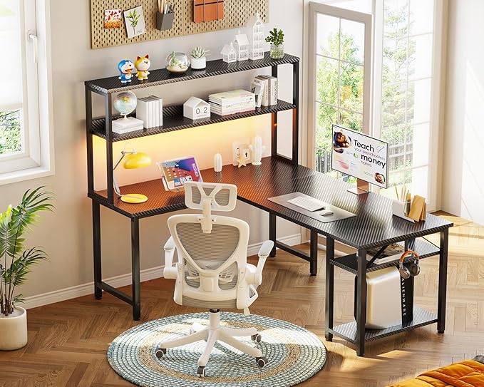ODK 53" L Shaped Gaming Desk with Hutch & Headphone Hook, Corner Computer Table with Storage Shelves for Home Office, Black