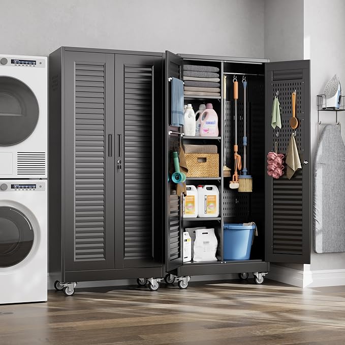 Aobabo Lockable Metal Storage Cabinet with 4 Adjuatable Shelves,Garage Storage Cabinet with Wheels and 5 Remove Pegboard,Required Assembly,Black,70.87''H*31.5''W*15.75''D