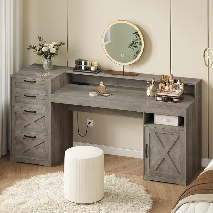 63" Farmhouse Computer Desk with 4 Drawers for Home Office, Bedroom | Executive Desk with Printer Shelf, Monitor Stand, Home Office Desks with Power Outlets, Storage Shelves, Grey