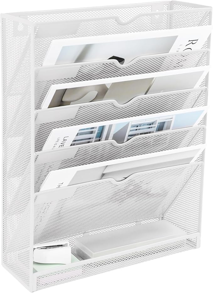 6 Tier Mesh Hanging Wall File Organizer, Desk Vertical Mail Paper Document Folder Holder Rack with Bottom Tray and Nametag Label for Office Home School, White