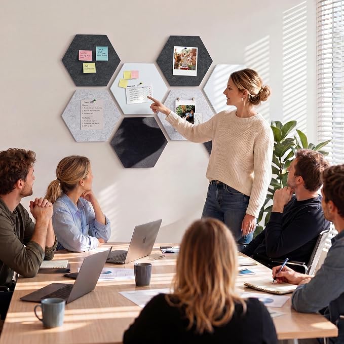 8-Pack Hexagon Felt Bulletin Board Tiles, Cork Board Alternative | For students and teachers creating vision boards in homes, offices, dorms or classrooms; includes 30 push pins.