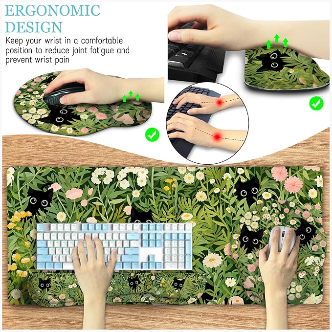 LIMKRIAN Cat Mouse Pad with Wrist Rest, Green Office Desk Accessories | Desk Mat Sets Accessories, Gaming Ergonomic Mouse Pad Wrist Support, Keyboard Mat Wrist Rest, Cup Coaster, Cute Desk Decor