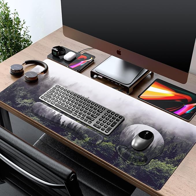 iCasso Forest Computer Pad 35.4"x15.7", Desk Blotter for Classroom | Study Ergonomic Desk Pad Featuring Keyboard Wrist Rest, Cute Mousepad Set for Gaming Computer Office Workspace Area