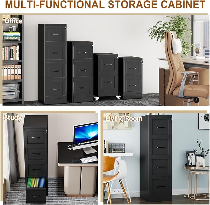 4 Drawer Metal File Cabinet with Lock,Narrow Vertical Filing Storage Cabinets,Steel File Organization for Legal/Letter/A4/F4 Size with Hanging Files,Lockable File Folders for Home Office, Black