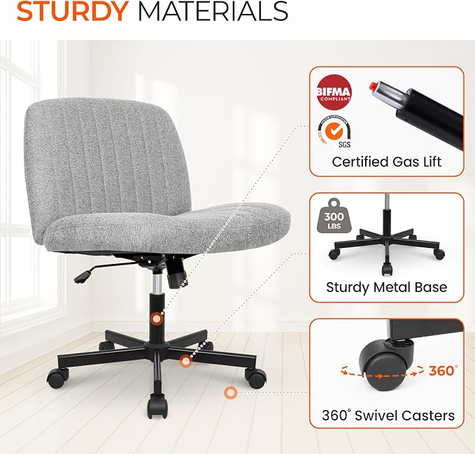 Orange Factory Criss Cross Chair, Wide Fabric Vanity Desk Seat, Grey Wheel | Cross-Legged with 360° Swivel, Height Adjustable, Smooth and Silent Wheels, Comfy Seating for Office, Desk, or Computer Use