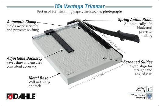 Dahle 15e Vantage Paper Trimmer, 15" Cut Length, 15 Sheet, Automatic Clamp, Adjustable Guide, Metal Base with 1/2" Gridlines, Guillotine Paper Cutter