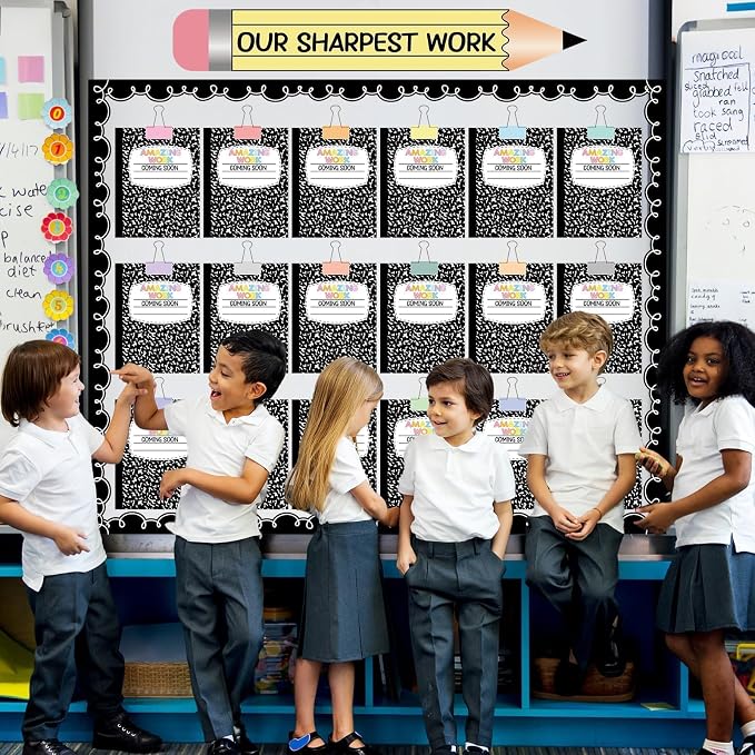 Student Work Display Bulletin Board Set Composition Notebook Classroom Decoration Inspirational Our Sharpest Work Pencil Cutouts for Back to School Classroom Chalkboard Wall Decor Teacher Supplies