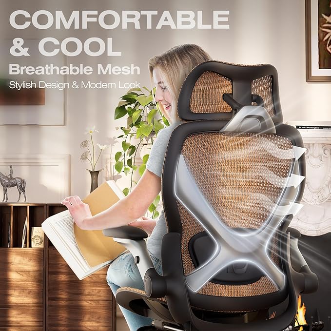 X100 Ergonomic Mesh Office Chair with Footrest, Big and Tall Home Desk Chair with 5D Flip-Up Arms, Adjustable 3D Lumbar Support, Gaming & Executive Computer Chair (Tangerine Burst)