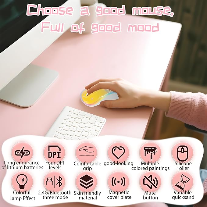 elec Space Cute Wireless Bluetooth Mouse - Rechargeable Silent Mouse with Magnetic Sand Cover, 3 Mode Connectivity, RGB Lighting, Ergonomic Design for Home, Office & School Use (Yellow)