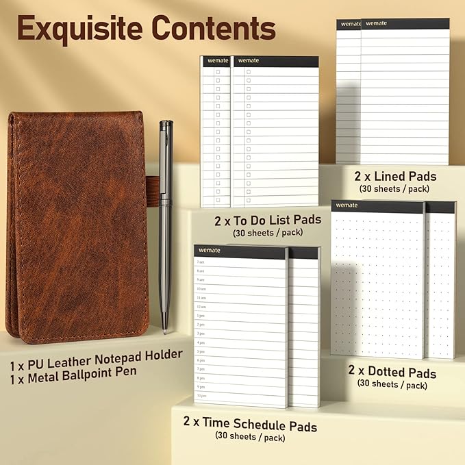 WEMATE Pocket Notebook with Pen, 10 Piece Pocket Notebook Set Brown | Includes Mini Notepad Holder, 8 Memo Book Refills & Metal Pen for Meetings, Daily Records and Notes, 3×5 Inch