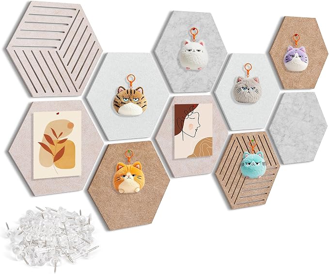 Felt Pin Cork Boards for Walls, 12 x 10 inch, 10 Pack | Hexagon Cork Board Tiles for Office, 1300g/m² Dense Felt, Fully Self Adhesive, Peel and Stick, Frameless, Modern, Boho