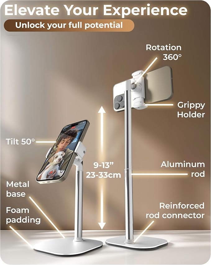 COOPER ChatStand Sturdy Cell Phone Holder, iPhone Stand for Desk, Recording | 9-13" Adjustable, Weighted Metal Base, Tabletop Tripod, for Filming, Video Calls, FaceTime; fits all iPhone, Samsung, Android