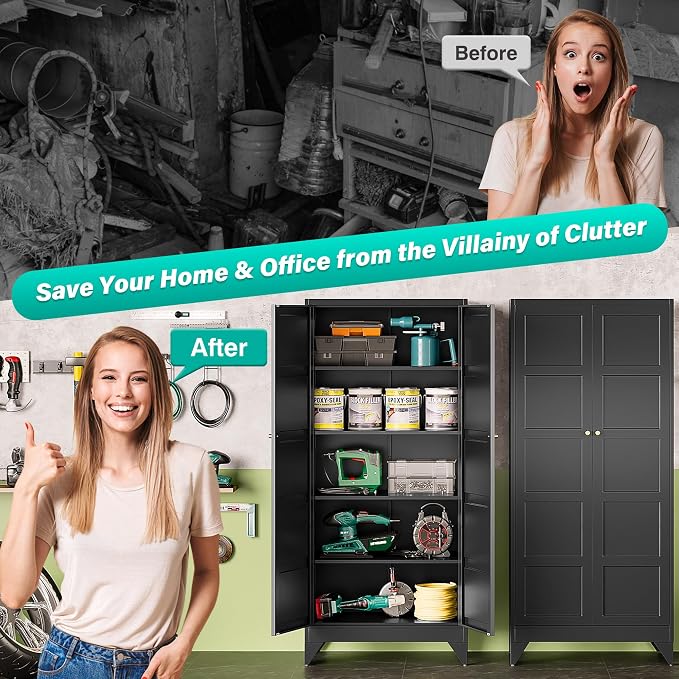 Wide & Deep Metal Storage Cabinets with 2 Doors and 5 Shelves,Tall Storage Cabinet,Large Cupboard Closet,Pantry Storage Cabinet for Home,Kitchen,Dining/Living Room (Black, 72" H)
