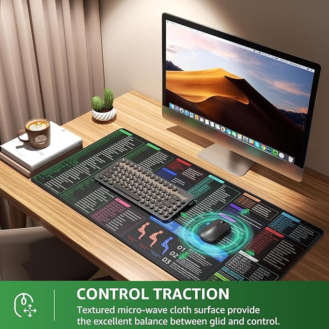 KTRIO Excel Shortcuts Mousepad, Desk Mat, 31.5 x 15.7 in, XXL | Smooth Micro-Weave Surface, Shortcut Reference, Non-Slip Rubber Base, Durable Stitched Edges, Office & Home Use