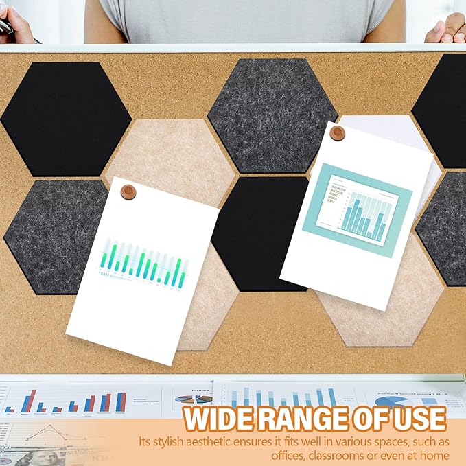 6.7 x 5.9 in 16 Pcs Hexagon Cork Board Tiles with 50 Wooden Push Pins, Cork Boards for Wall, Felt DIY Tiles with Nano Tape, Pin Board for Office Classroom Home Photo Memo Note (Classic)