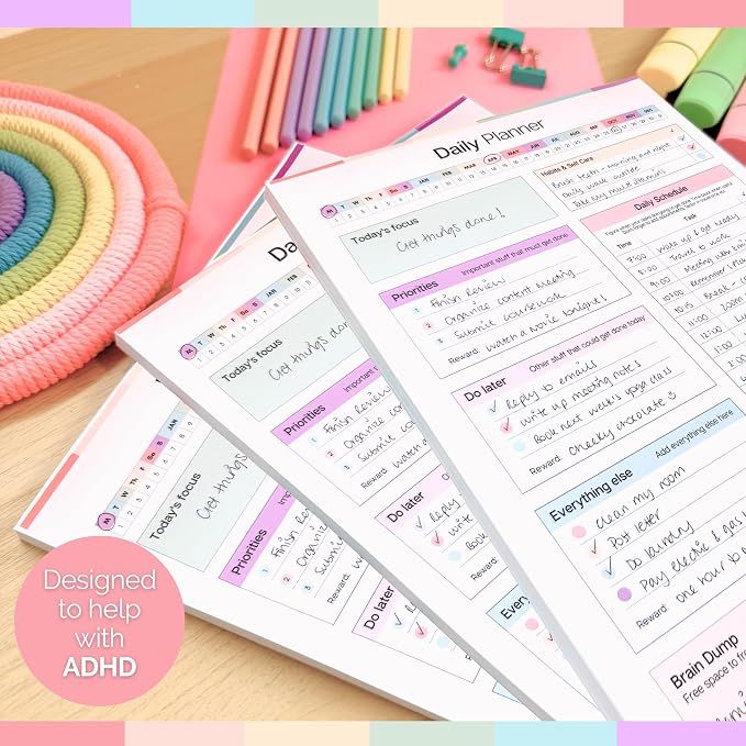 ADHD Daily Planner Notepad for Neurodivergent Adults - Productivity Daily Planner Desk Pad & Task Management to Stay Organized and Focused Note Pad (Rainbow, A4 Portrait)