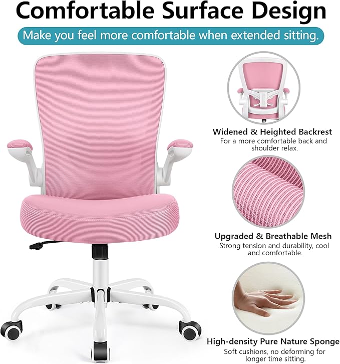 FelixKing Office Chair, Ergonomic Desk Chair Breathable Mesh Chairs Adjustable High Back Lumbar Support Flip-up Armrests, Executive Rolling Swivel Comfy Computer Chairs Home Office Pink