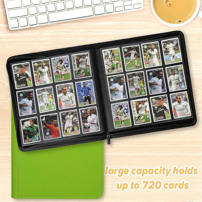 12 Pocket Ringless Side Loading Trading Card Binder, 720 Cards PU Fixed Page Zipper Card Album for TCG Sports Game Cards, Not Fit Top Loaders (Grass Green)