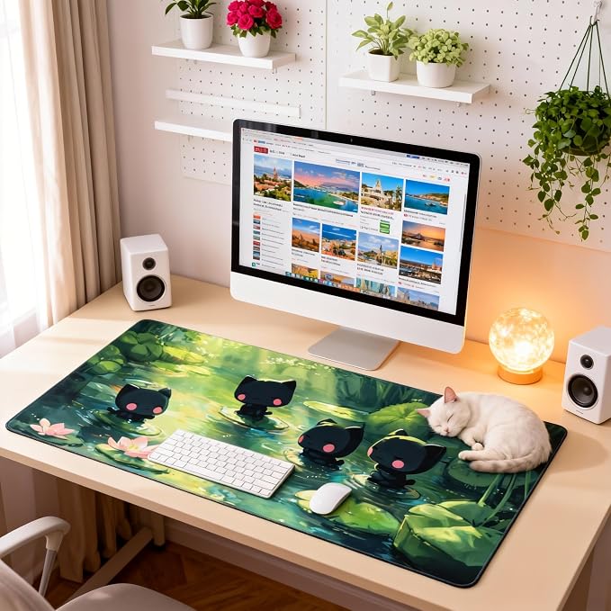 Cute Anime Black Cat Gaming Mouse Pad, Forest Green Anime Desk Mat with Anti-Slip Base & Stitched Edges, Computer Keyboard & Laptop Pad, 35.4" x 15.7" in in Workstation Accessories
