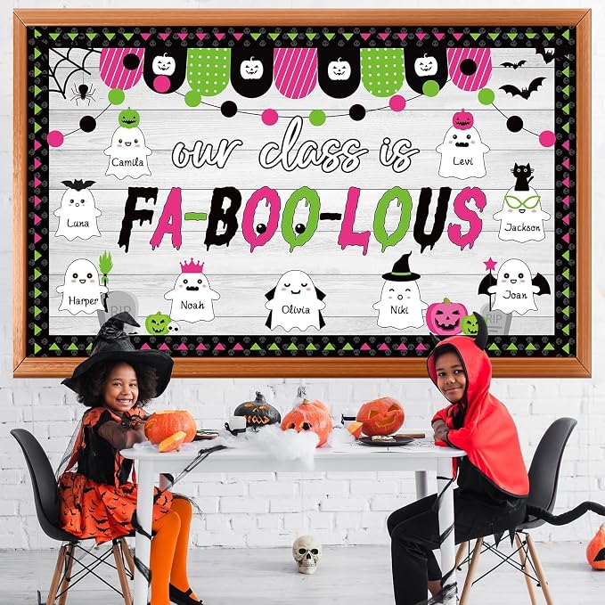 Halloween Ghost Bulletin Board Decoration Witch Bat Pumpkin Spider Web Paper Cutouts Boo Ghost Pattern Classroom Decor Halloween Party Bulletin Board for School Chalkboard Wall Decor Teacher Supplies