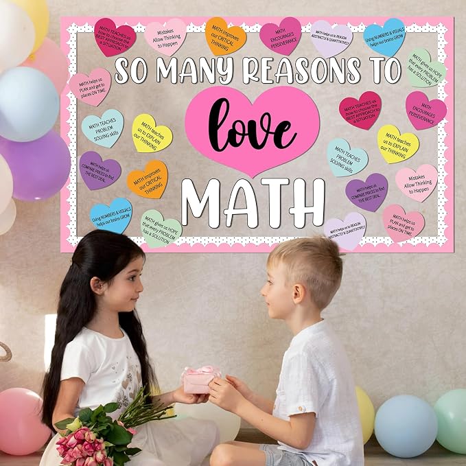 Valentines Day Bulletin Board Decoration Set Conversation Heart Paper Cutout Math Theme Party Supplies Valentine's Day Classroom Decoration Love Math Candy Heart Cutouts for School Wall Decor Supplies