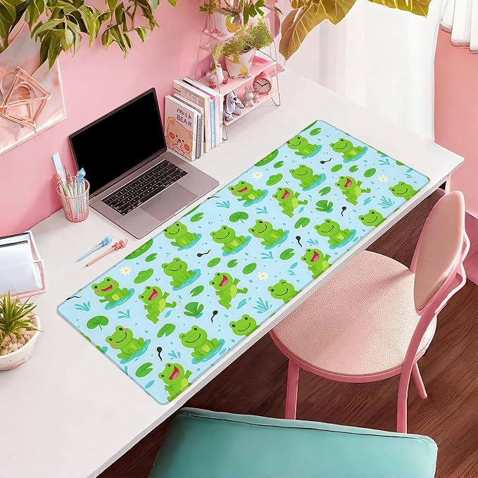 Cute Frog Blue Extended Mouse Pad 31.5x11.8in, Lily Pad Pond Pattern Large Desk Mat with Non-Slip Rubber Base, Big Mousepad for Laptop Computer PC, Gaming Office Home Decor, Deskmat Gifts