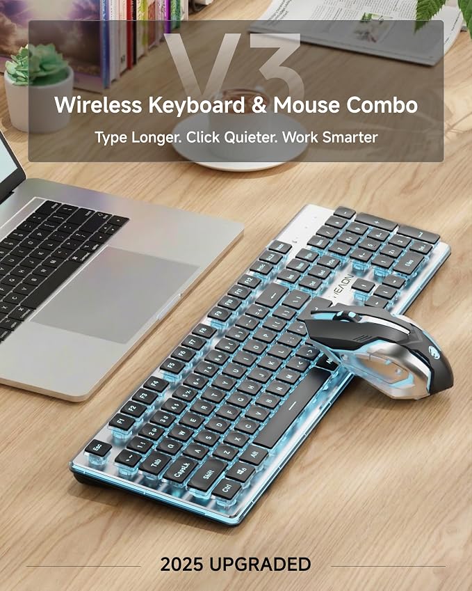 Wireless Keyboard and Mouse Combo with White Backlit Pudding Keycaps, Bluetooth & 2.4G, 2000mAh Rechargeable, Full Size, Metal Panel Quiet Computer Keyboard Set for Windows PC Desktop - Black